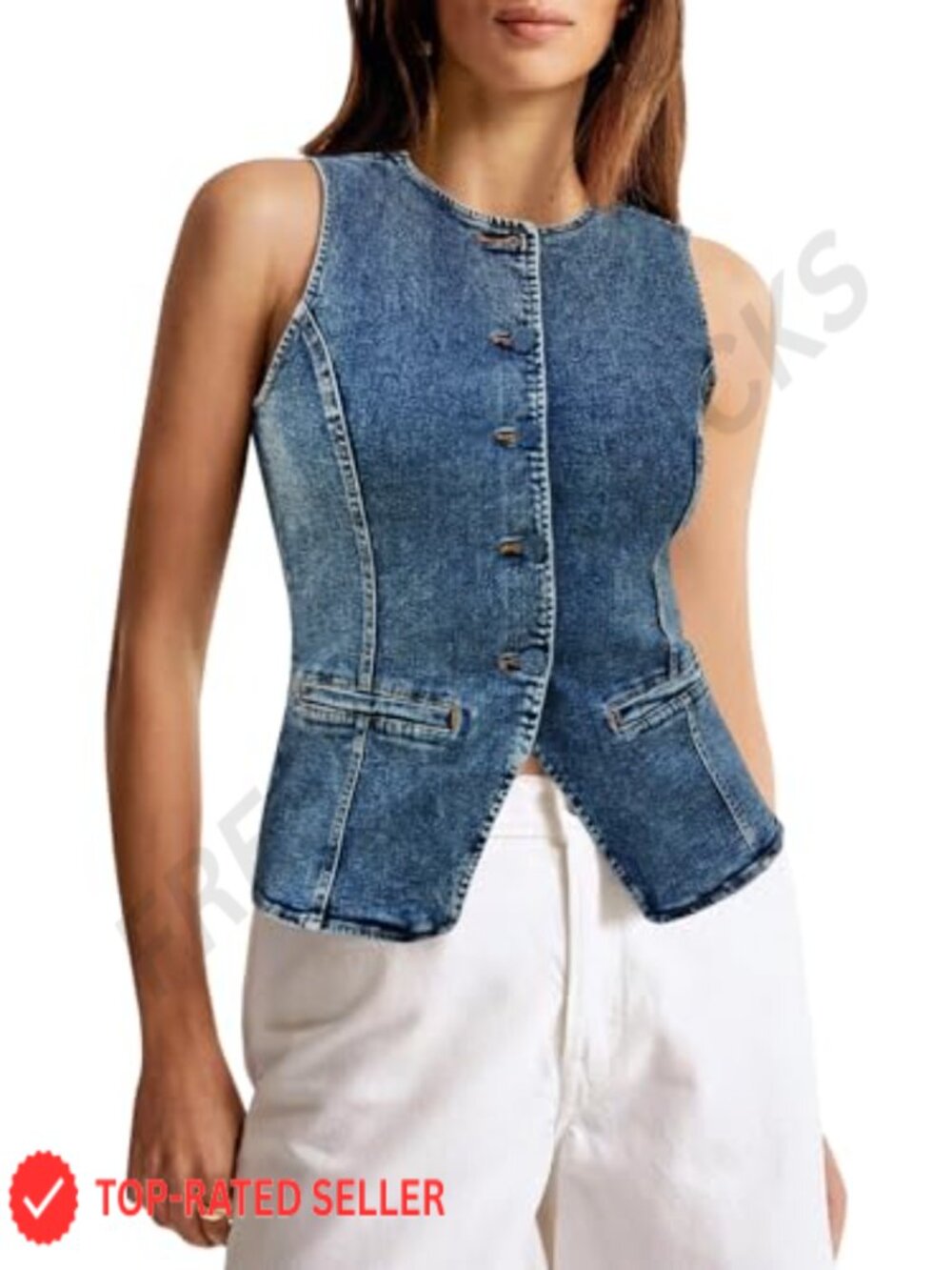 Sleeveless Button Down Denim Vest Slim Fit Crop Jean Top